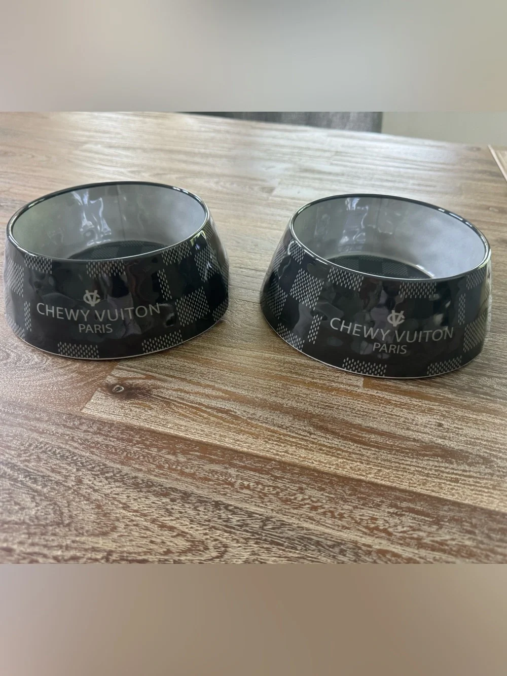 Dog bowls (2) chewy Vuiton Paris gray/black check new size medium